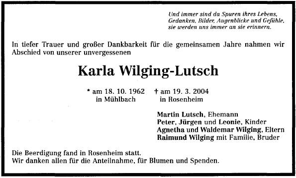 Wilging Karla 1962-2004 Todesanzeige